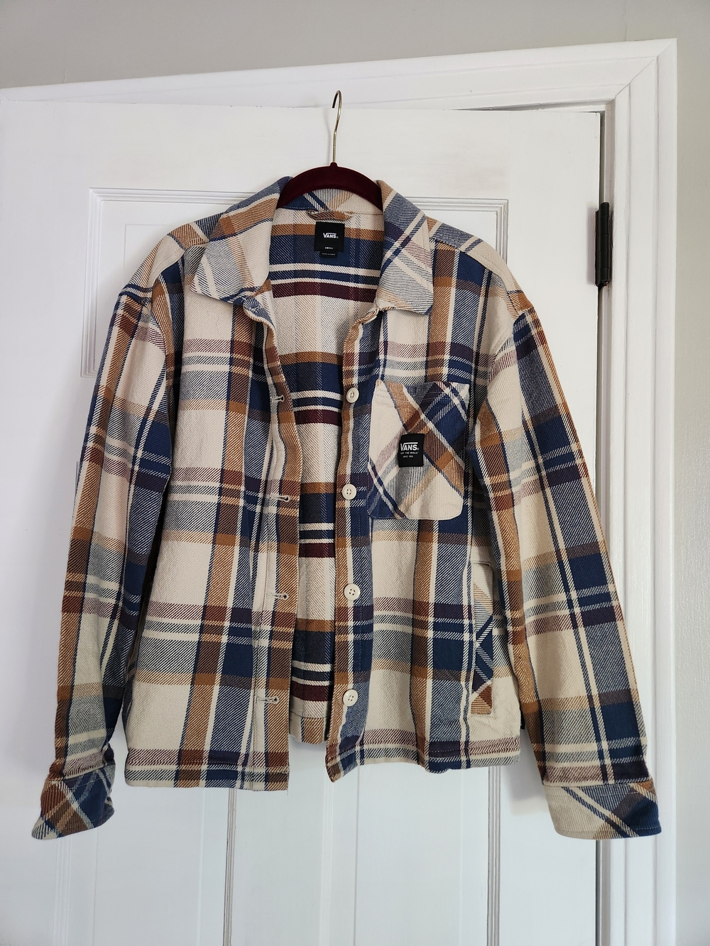 Vans Plaid Button-Up Shacket Chore Jacket Over Shirt in Cream, Blue & Tan